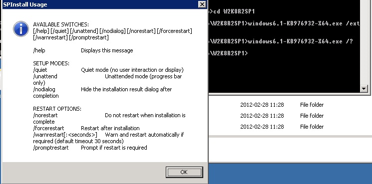 Okno Dialogowe z pomocą dla linii komend instalatora SP1 dla Windows 2008 R2